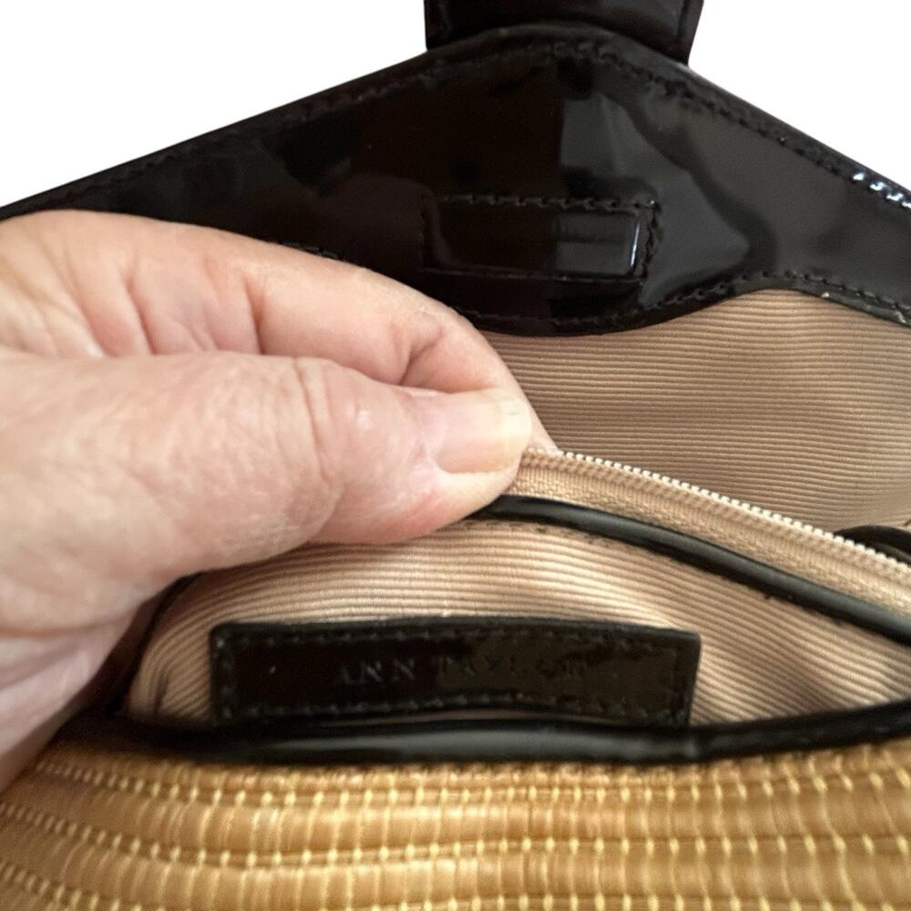 Ann Taylor Wicker Almond/Black Patent Leather Clutch With Silver Buckle Size OS - Picture 9 of 10